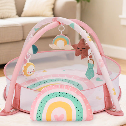 7-in-1 XL Large Baby Play Gym Mat, Tummy Time Mat, Baby Gym & Ball Pit, Baby Activity Mat with Milestone Cards & 6 Detachable Toys for Sensory Motor Skill, Rainbow