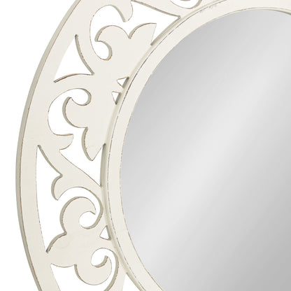 Kate and Laurel Shovali Coastal Round Mirror; 32 Inch Diameter; White; Decadent Wall Decor with Ornate Wood-Carved Frame