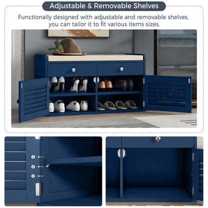 WARMHONIU Shoe Storage Bench with 2 Drawers, Entryway Bench with Cushion, Adjustable Shelves, Shoe Rack Bench with Louvered Doors for Entryway, Bedroom, Hallway, Blue