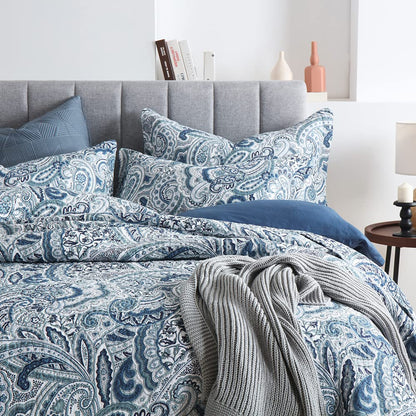 Autumn Dream Cotton Bedspread Quilt Sets, 3 Pieces Reversible Comforter Coverlet Sets,Blue Floral Paisley,Queen Size