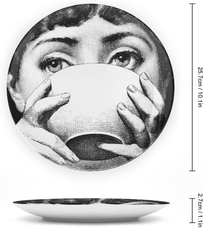 AlphaDesignLuxe 10" Italian-Style Decorative Plate – Modern Art Face Design, Handcrafted Ceramic Platter for Tabletop or Wall Display (Tea Cup)