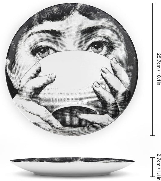 AlphaDesignLuxe 10" Italian-Style Decorative Plate – Modern Art Face Design, Handcrafted Ceramic Platter for Tabletop or Wall Display (Tea Cup)