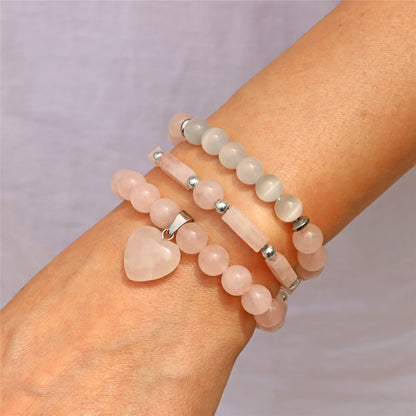 Vinswet Healing Crystal Beaded Bracelets for Women,Natural Rose Quartz Moonstone Gemstones Bracelet,Anxiety Stress Relief Heart Charm Bracelet Handmade pink Jewelry Gifts for Women (3pcs)