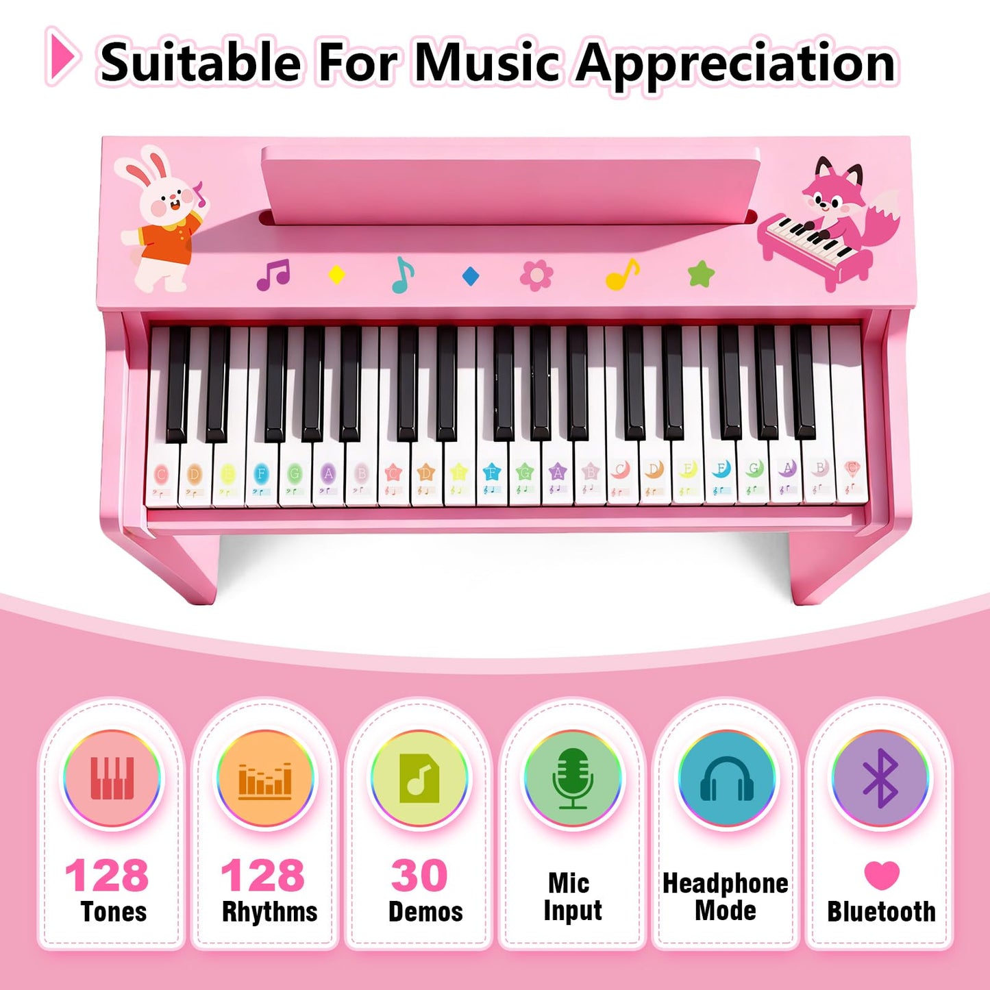 Kids Piano Keyboard, 37 Keys Wooden Digital Piano for Kids with Bench,Song Book, DIY Stickers, Cover, Education Creative Musical Instruments Toy for Boys & Grils Gifts