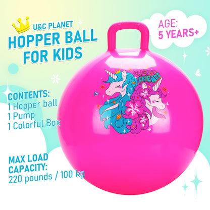 U&C Planet Hopper Ball 20 inches Bouncy Ball with Handle for Kids Age 5 6 7 8 9, Sit on Bounce Jumping Hopping Toy with Pump, Great Toddler Girls Toys for Birthday Gifts, Pink Unicorn