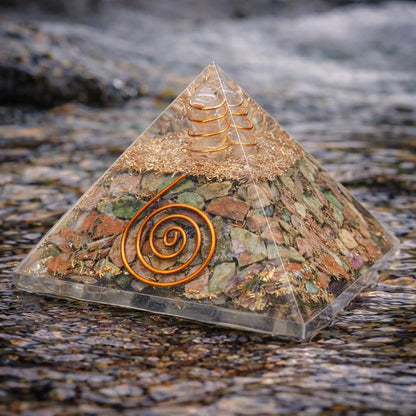 Crocon® Unakite Orgone Pyramid Healing Crystals Stone Orgonite Gemstone Pyramid Stones Reiki Crystal Good Luck Charms Meditation Chakra Organite Home Decor Spiritual Gifts Size 2.5 Inch App.