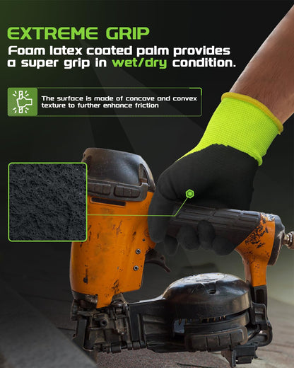 FJDZ SAFETY 13-gauge Seamless Nylon Shell Natural Rubber Foam Latex Coated Work Gloves Precision Handling, Construction, Warehouse,(Lime Green,Small)