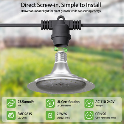 Danshinro Outdoor LED Grow Light, Waterproof String Plant Growing Light, 21 FT Full Spectrum Growth Light, Suitable for Garden, Farm, Flower, Seedling Greenhouse Grow Light (6 Light)