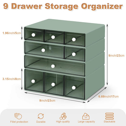 MYKASEN Desk Organizer with 9 Drawers, 4 Tier Plastic Stackable Storage Drawers for Desk Storage, Office Stationary Makeup Organizer Suit for Home, Office and School