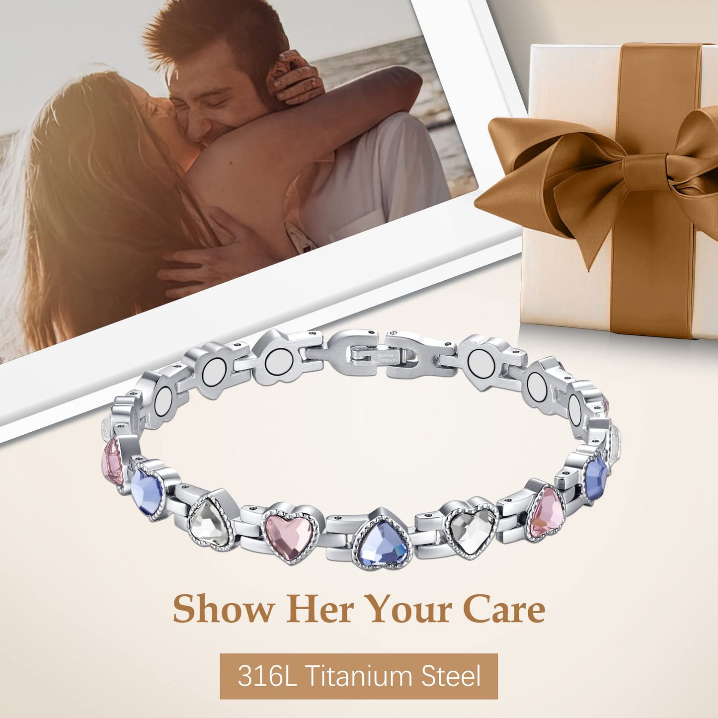 Feraco Magnetic Bracelet for Women Titanium Steel Magnetic Bracelet with Neodymium Magnets & Sparkling Crystals, Christmas Jewelry Gifts (Tricolor)