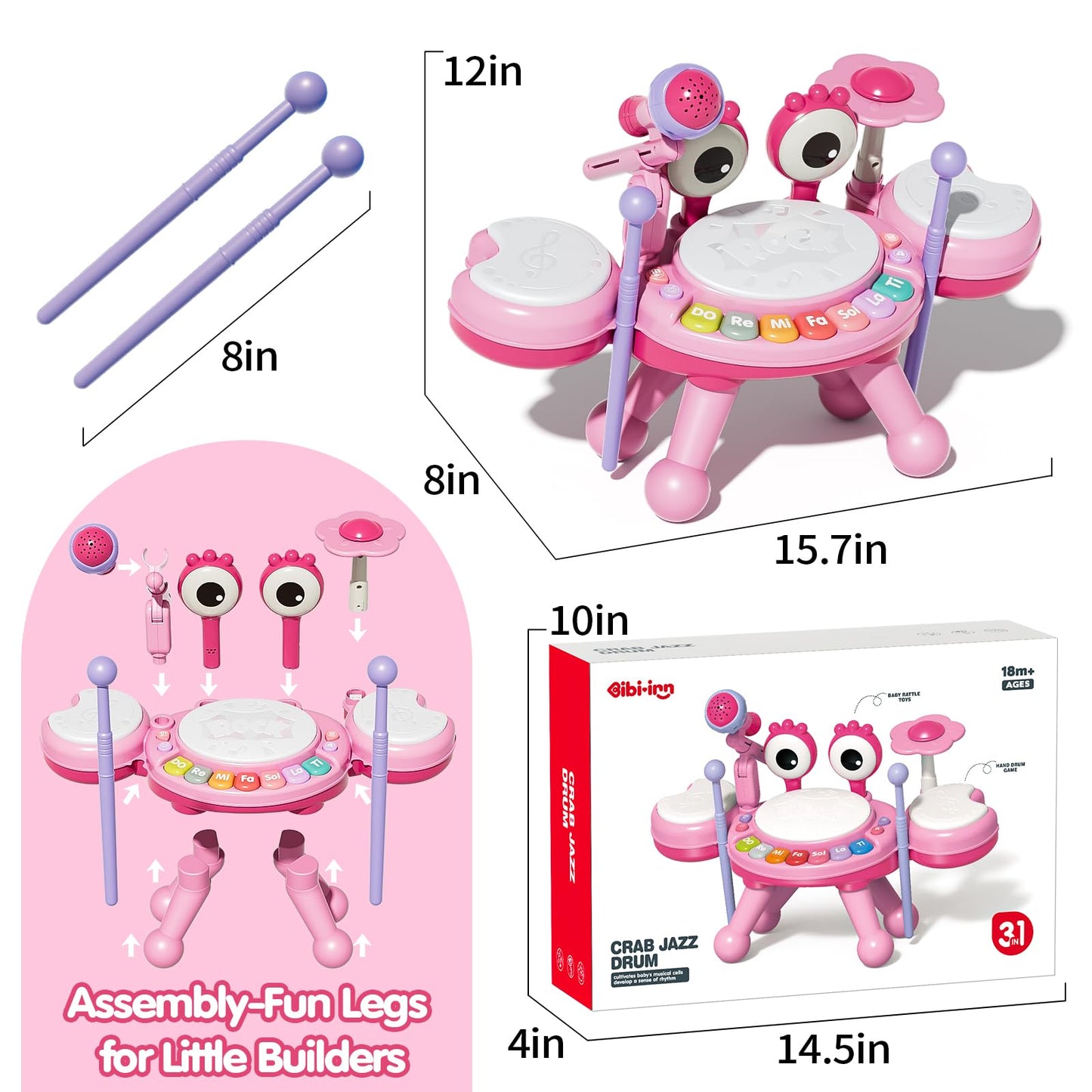 Toddler Drum Set for Kids 1-3, Baby Drum Set 1 Year Old with Light-Up Microphone, Musical Instruments Montessori Learning Toys for 6 9 12 18 Months, Birthday Gift for Boys Girls（Pink）