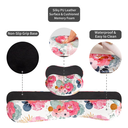 QiyI Leather Desk Mat Set, 4-in-1 Large Mouse Pad with Wrist Rest, Non-Slip Desk Pad + Keyboard Wrist Rest + Mouse Wrist Support + Coaster, Office Desk Accessories Home Decor Supplies, Pink Flowers