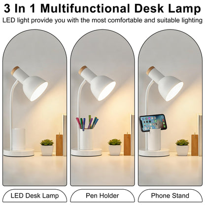 WLHONG LED Desk Lamp, Table Lamps with Pen Holder, 3 Color Modes Eye-Caring Reading Light with Flexible Gooseneck, Study Lamp for Kids Bedside Home Office Room College Dorm Essentials (White)