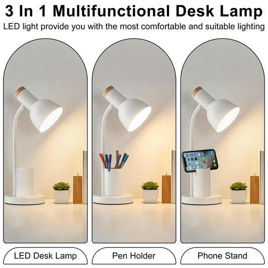 WLHONG LED Desk Lamp, Table Lamps with Pen Holder, 3 Color Modes Eye-Caring Reading Light with Flexible Gooseneck, Study Lamp for Kids Bedside Home Office Room College Dorm Essentials (White)