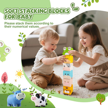 BOBOBELL Animal Soft Baby Blocks,Silicone Squeeze Building Blocks Stacking Toys for 6+ Months Babies,Early Learning Touch Education Toys with Numbers Animals Fruits Texture Baby Gifts Easter Basket