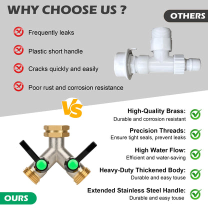 Love Is War Hose Splitter 2 Way, Heavy Duty Brass Garden Hose Splitter,Y Adapter Connector With 3/4 - Inch Ght Thread, Easy Turn On-Off Handle For Fauce.Connector For Lawn Irrigation.