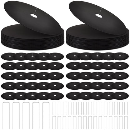 CrystalSylara 100 Pcs Non Woven Tree Mulch Ring Set with 50 Weed Barrier Mats 50 Garden Metal Stakes Thickened Black Tree Protectors Mulch Mat for Garden Plant Cover Root Fabric Protection(Large)