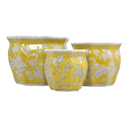 Galt International Yellow & White Round Fluted Floral Porcelain Ceramic Plant Flower Planter Pot Set of 3 (7.5", 10", 13") Garden Pots Chinese Asian Design