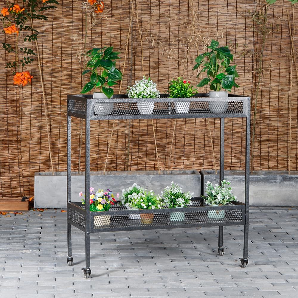 DHYGOTFUR 2-Tier Aluminum Plant Stand Outdoor Indoor with Lockable 360° Wheels & Grid Guardrails, Heavy-Duty Metal Plant Rack Anti-Fall, Mobile Display Shelf for Patio Garden Balcony Lawn