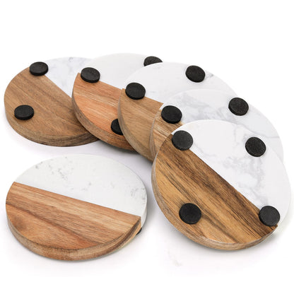 ZENFUN 6 Packs Marble Wood Coasters, Round Coaster, Handcrafted Artificial Marble Coasters Set for Your Drinks and Beverages, Tea, Coffee, Wine/Bar Glasses, Tabletop Protection Helper