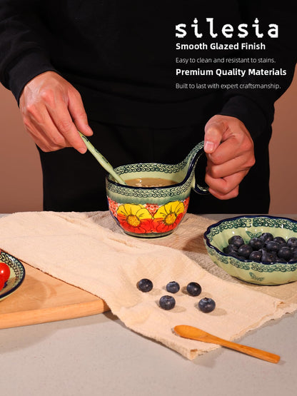 silesia Handmade Loop Handle Soup Bowl, Plate and Spoon Set Ceramic Hand Painted Cereal Bowl Great for Soup, Ice cream, Snack, Stew in Gift Box, Dishwasher & Microwave Safe, Glazed Green