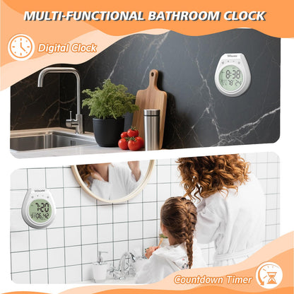 Wisoee Shower Clock Waterproof Bathroom Timer, Kitchen Wall Clock with Countdown, Temperature, Suction Cup, Battery Operated Digital Clock for Bath, Cook