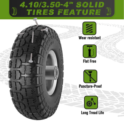 4 Pcs 4.10/3.50-4" Tire and Wheel Flat Free, 10 Inch Solid Rubber Tires with 5/8" Axle Bore Hole, 2.2" Offset Hub for Hand Truck, Wheelbarrow, Gorilla Cart, Garden Wagon Cart, Dolly, Utility Cart