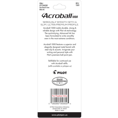PILOT Acroball 1000 Ultra-Premium Refillable & Retractable Ball Point Pen, Gray Barrel, Fine Point, Black Ink, Single Pen (13659)