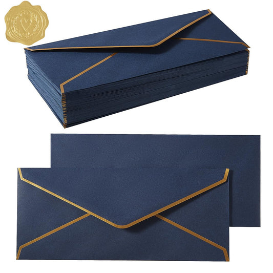 100 Pack #10 Business Envelopes with Gold Border, Self Seal Standard Envelopes with Gold Stickers for Office, Checks, Letter Mailing, Invoices, 4 1/8 x 9 1/2 Inches (Navy Blue)