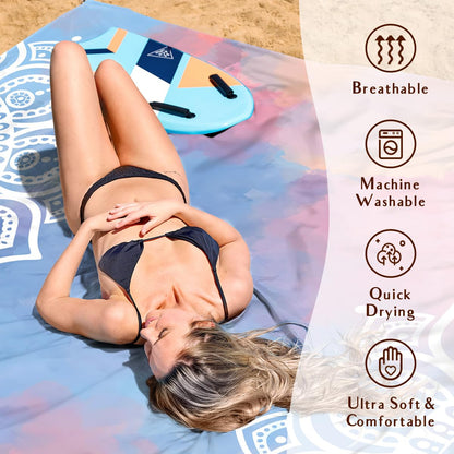AlphaBeing Beach Blanket Waterproof Sandproof, Extra Large Beach Mat for 1–8 Adults, Oversized Picnic Blanket with 4 Stakes & Storage Bag, Essential Beach Gear for Travel (Mandala, 79“×83”)