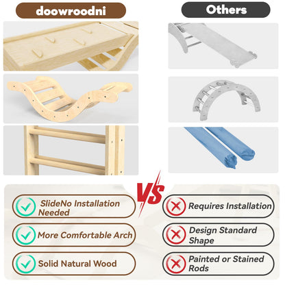 doowroodni Pikler Triangle Set 7in1 Toddler Climbing Toys Indoor Foldable Baby Climbing Toys Wooden Montessori Climbing Set with Arch, Ramp, Ladder for 1-3 Years, Jungle Gym for Kids (Natural)