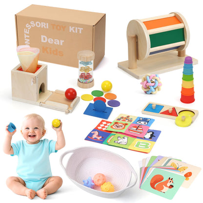 Child-Safe Montessori Educational Sensory Toy Set for Babies and Toddlers 6-12 Months - Must-Have for Early Development - 10 in 1 Wooden Learning Toy kit with Object Permanence Box, Stacking Cups etc