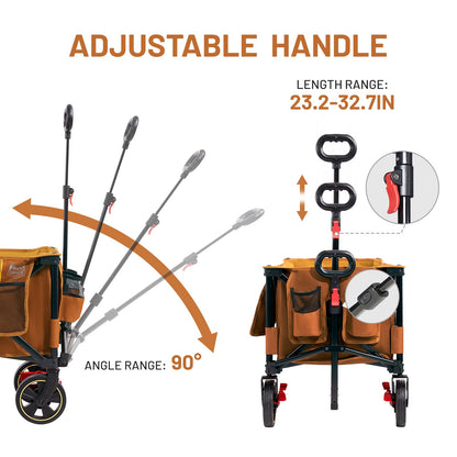 Timber Ridge 51.2'' Extended Collapsible Wagon Cart with Brakes and Cargo Net, 500LBS Heavy Duty Foldable Utility Wagon with Adjustable Handle, 400L Capacity Portable Cart for Camping Sports, Orange