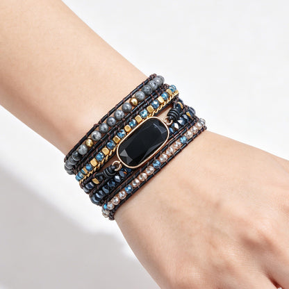 Plumiss Black Onyx Wrap Bracelet for Women Men, Handmade Leather Beaded Bracelet with Natural Black Onyx Crystals, Bohemian Gemstone Statement Bracelet Adjustable Boho Jewelry Gift
