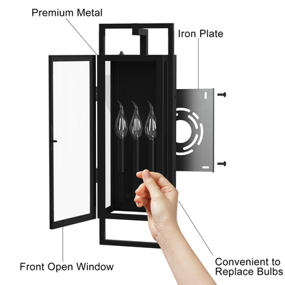 Lawyettle 26.38IN Porch Light Outdoor, Dusk to Dawn Wall Lantern with Tempered Glass, Waterproof Outside Light Front Porch Light 3-Light, Matte Black Front Open Window Wall Sconce for Patio