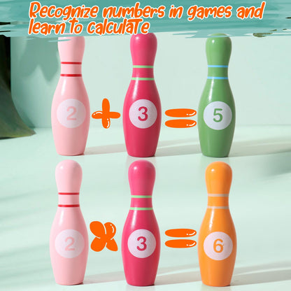 Dinhon Wooden Kids Bowling Set for Toddlers Infants Ages 2-5 - 6 Pins & 2 Balls & 6 Ferrules, Educational Early Development Indoor Outdoor Games for Boys Girls