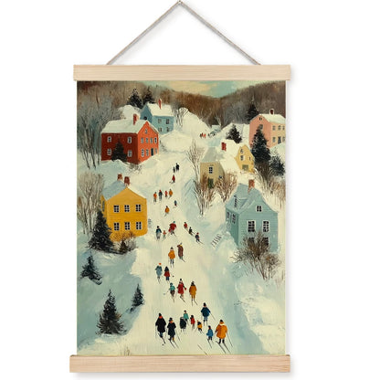 FOPENEM 16x12 Inch Winter Village Scene Wall Art – Snowy Town Canvas Hanging Print with Skating People for Holiday Decor