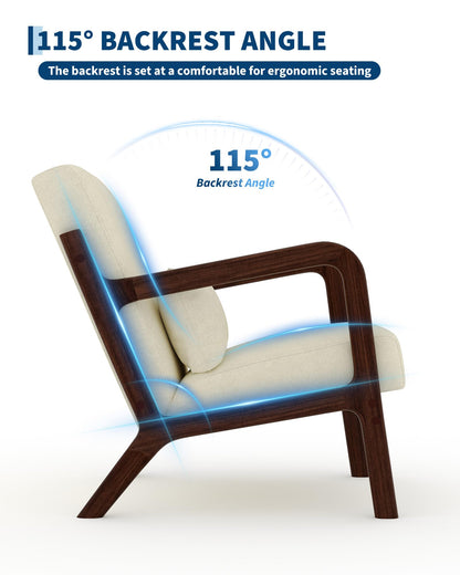 Garvee Mid-Century Chenille Accent Chair, Cozy Reading Chair, Modern Lounge Armchair with Lumbar Pillow, Solid Wood Frame, for Living Room, Bedroom, Office, Beige