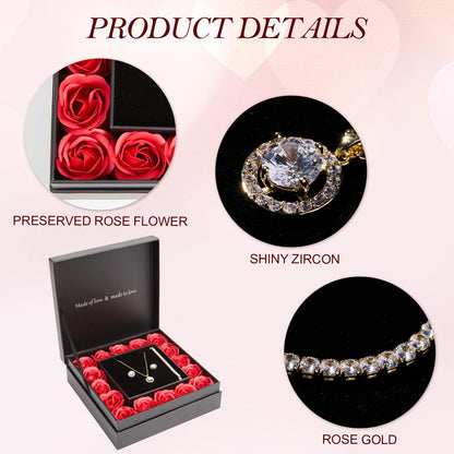 WDS WONDROUS Preserved Rose Jewelry Set for Women, 4-Piece Red Rose Gift Box with Necklace Earrings Bracelet, Valentines Day Anniversary Birthday Gift for Her Wife Girlfriend Mom