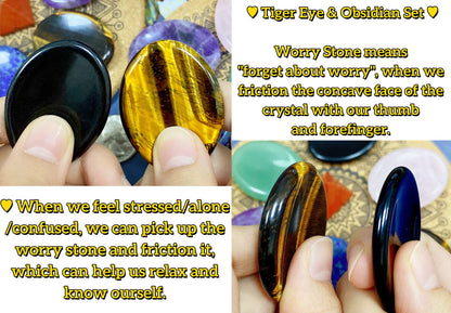 QINJIEJIE 2PCS Thumb Worry Stone for Anxiety Tiger's Eye Obsidian Healing Crystals Hand Carved Stones Oval Pocket Gemstones Sets Meditation Crystal Reiki Relax Stone Anxiety Relief Items