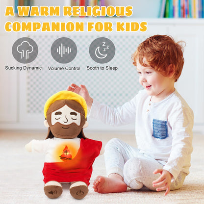Yelakey Soothing Jesus Plush Toys with Light & Sound, 15" Jesus Stuffed Breathing Plushy Doll, Christian Catholic Religious Plushie Christmas Easter Gifts for Kids Baby (Red)