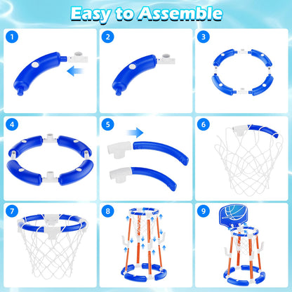 Pool Basketball Hoop with Backboard, Floating Pool Toys for 3-12 Years Old Kids Ring Game with 4 Balls 8 Rings & Pump Outdoor Swimming Pool Basketball Games Water Play Toy Family Party for Kids Adults