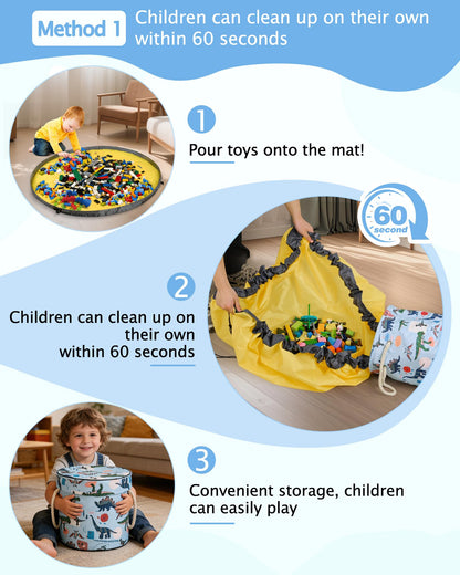 Toy Storage Organizer, Foldable Bag with 60" Play Mat for Kid, Playroom Basket Bin with Lid for Building Scattered Blocks, Thin Toy Mats Are Perfect for Homes with Carpets, Blue Dinosaur