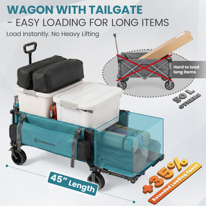 FUNDANGO 45" Extra Long Collapsible Wagon with Tailgate, 400LBS Heavy Duty Folding Wagon Cart, Compact Folds Down to 1/8 Size, All-Terrain Wheels for Camping Beach Grocery
