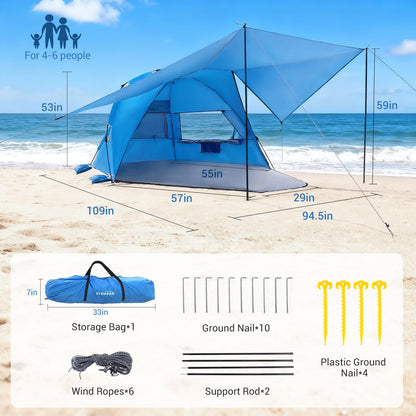 Elegear CumbreX™ Beach Tent with 360° Removable Canopy, 4-6 Person Pop Up Sun Shade Shelter, UPF 50+ Automated Installation Double Silver Coating Portable Lightweight Beach Cabana for Beach/Outdoor
