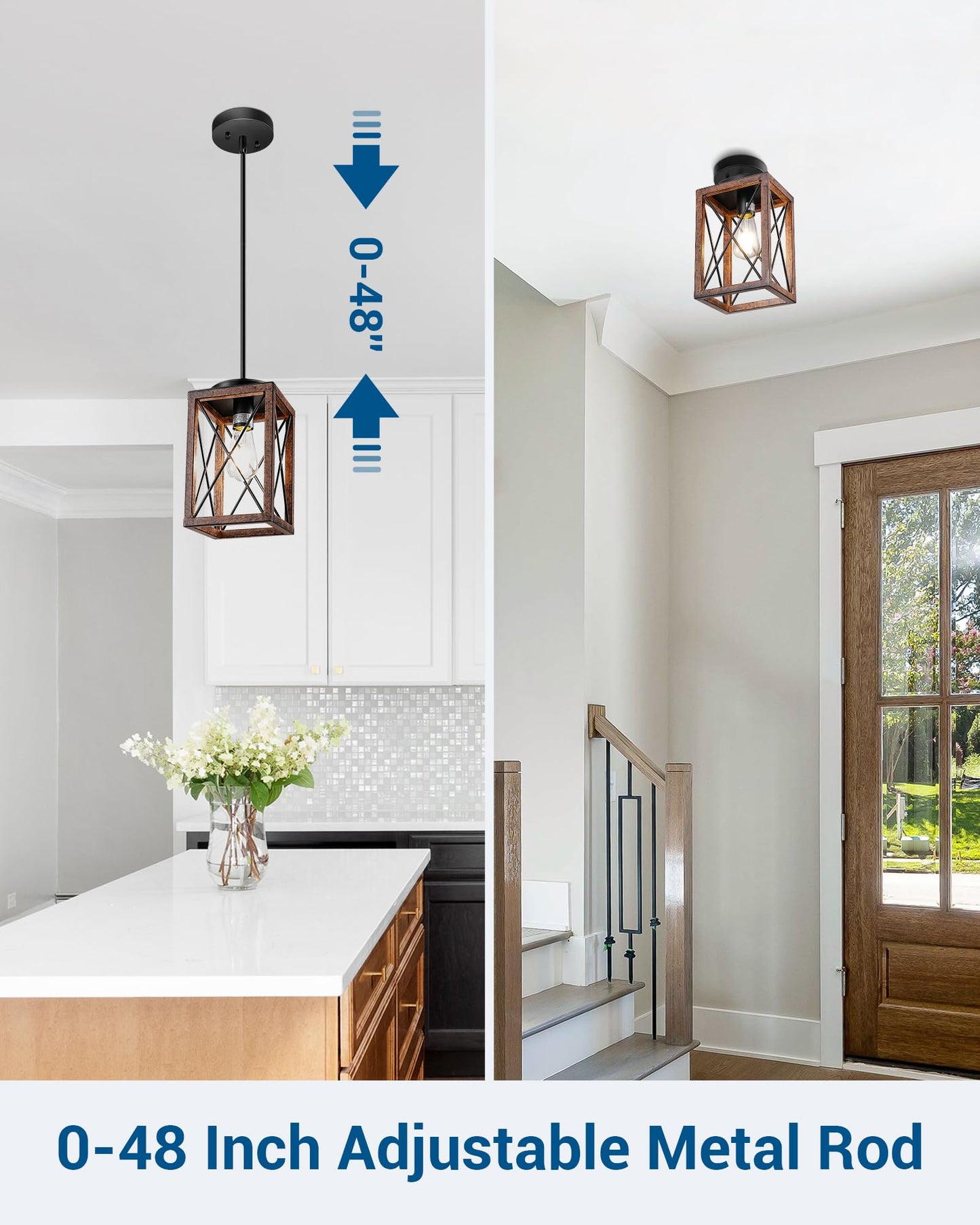 DEWENWILS Farmhouse Pendant Light, Metal Hanging Light Fixture with Wooden Grain Finish, 48 Inch Adjustable Pipes for Flat and Slop Ceiling, Kitchen Island, Bedroom, Dining Hall, E26 Base