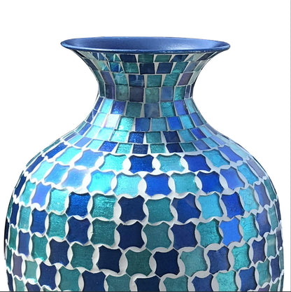 DecorShore Mosaic 20 Inch Decorative Tall Floor Vase, for Home Decor Geometric Pattern Metal Vase with Glass Mosaic- Blue and Turquoise Tessellation Pattern