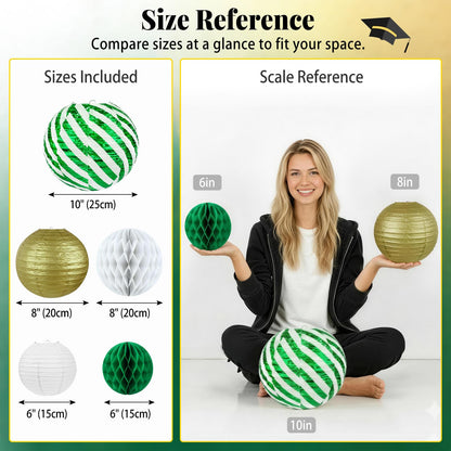 Green and Gold Party Decorations - 16Pcs Hanging Green White and Gold Paper Lanterns & Honeycomb Balls for Graduation Decorations 2026, Birthday, Baby Shower & Wedding Party Supplies