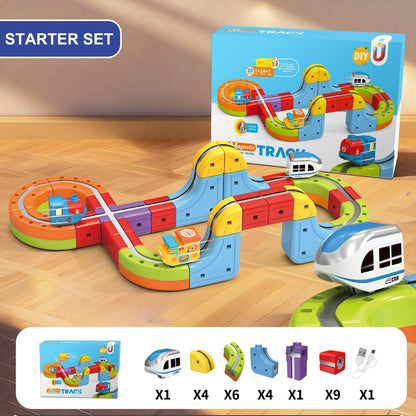 3D Infinity Track with Electric Train Set for Kids, Magnetic Monorail Cube Tracks, Magnet Railway Builder, Gravity Defying Rail Cubes Building Toy, DIY Anti-Gravity Flexible Race Track (Starter Set)