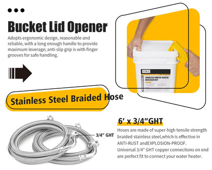 6699 Tankless Water Heater Flush Kit Includes 1/4HP Sump Pump with Two Adapters & 3 Gallons Pail with Bucket Lid Opener & Two 1/2” Dia X 6’ Hoses with Washers